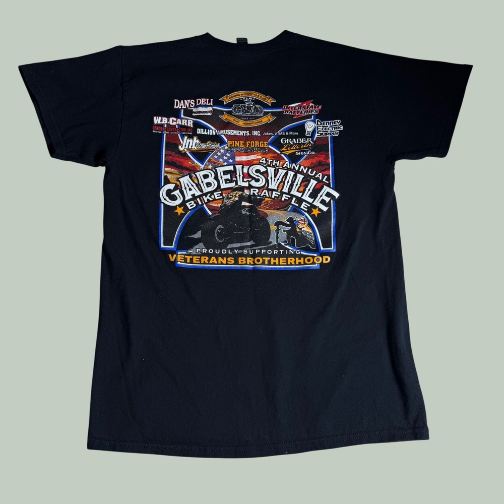 Gabelsville Bike Raffle Veterans Brotherhood Black Graphic T-Shirt Mens Medium